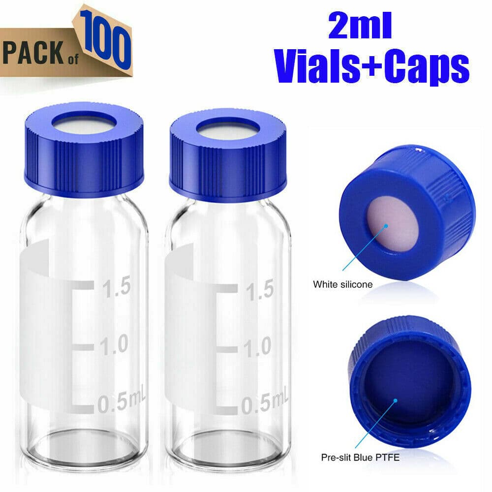 100pcs 2mL Sample Vials Pre-slit Caps Clear HPLC Autosampler 